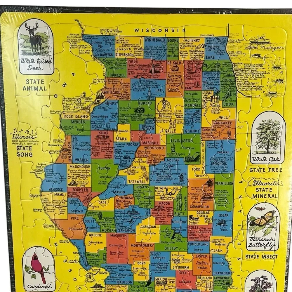 Vintage Austin Peirce 1986 State of Illinois Jigsaw Puzzle Map Puzzlin' State